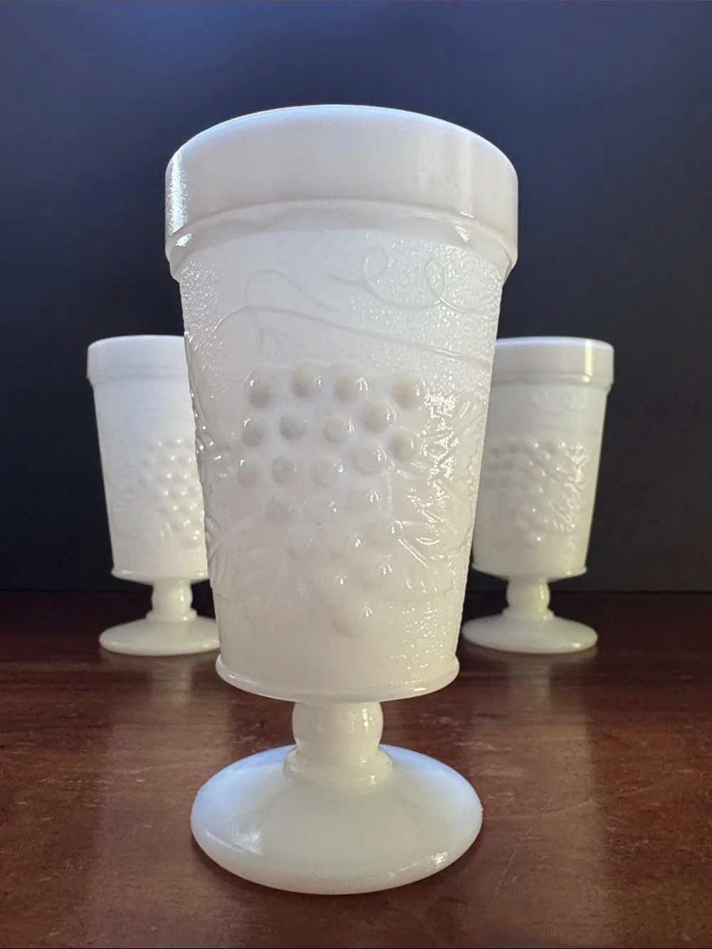 Vintage Anchor Hocking Harvest Grape Pedestal White Milk Glass Goblet